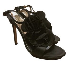 Badgley Mischka Black Satin Rosette Stiletto Heels Leather Sole Size 6M